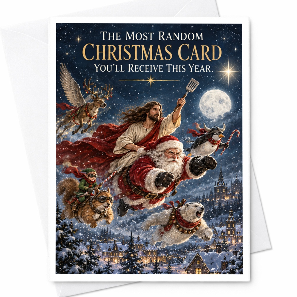 The Most Random Christmas Card You'll Receive This Year Funny Christmas Card Santa Jesus Flying Animals Holiday C8911