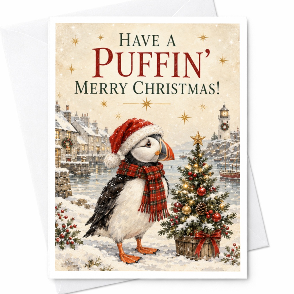 Have A Puffin' Merry Christmas! Cute Puffin Christmas Card Festive Holiday Greeting Card Winter Scene Animal Lover C8852