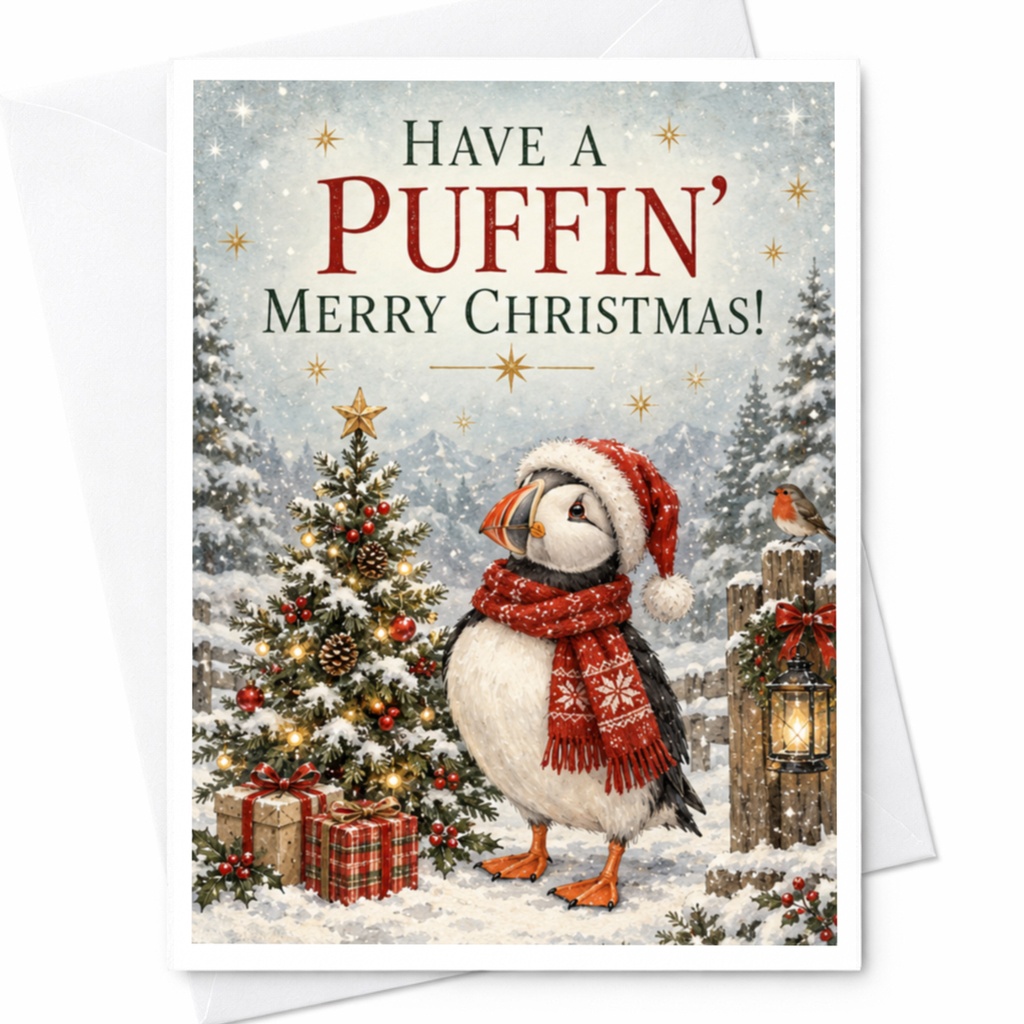 Have A Puffin' Merry Christmas! Cute Puffin Christmas Card Festive Holiday Greeting Card For Bird Lover Winter Scene C8853