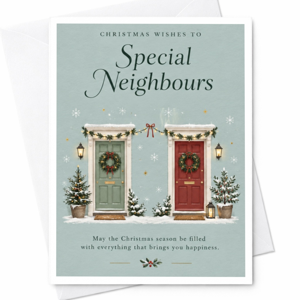 Christmas Wishes To Special Neighbours Christmas Card Festive Holiday Greeting Card For Neighbors With Wreaths And Doors C8915