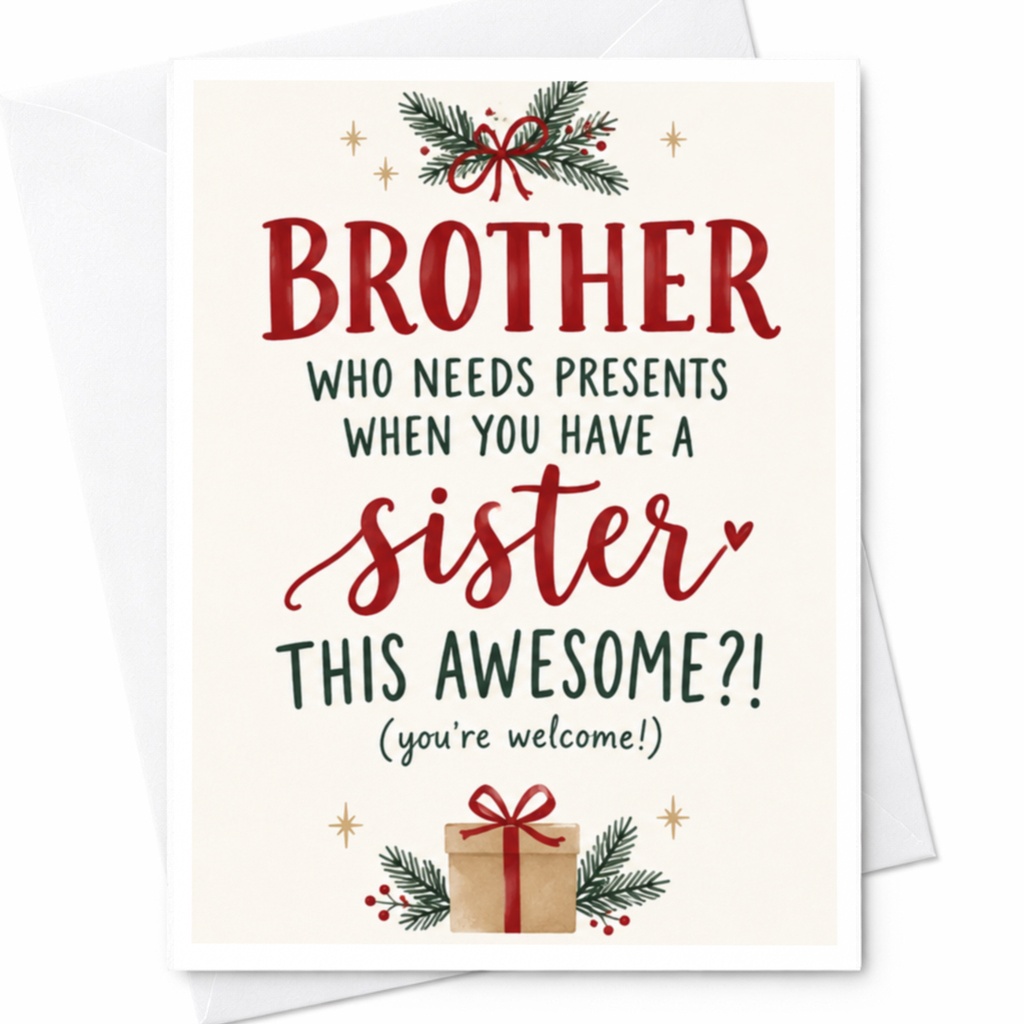 Brother Who Needs Presents When You Have A Sister This Awesome?! Christmas Card Funny Holiday Greeting For Brother From Sister Fes C8916