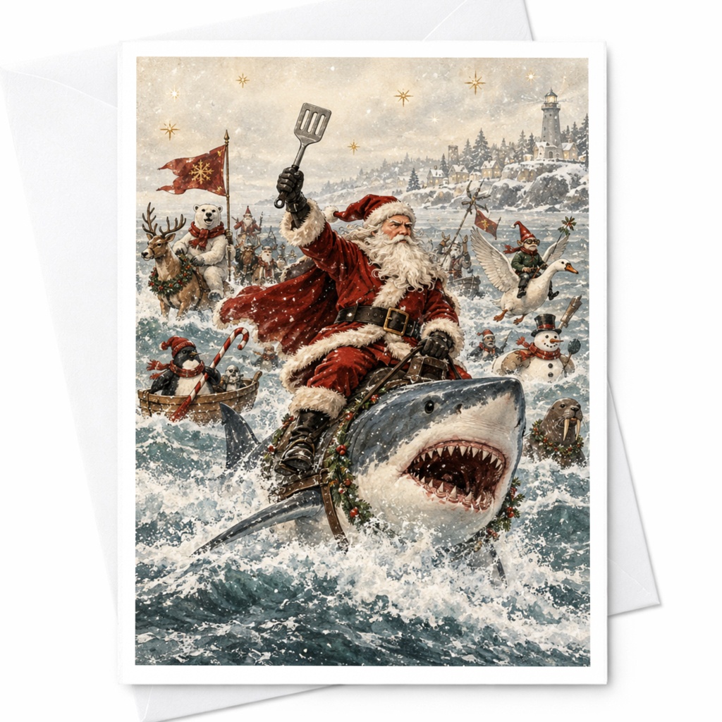 Santa Shark Christmas Card Funny Holiday Greeting Card Santa Claus Riding Shark Festive Winter Scene For Him Her Family C8856