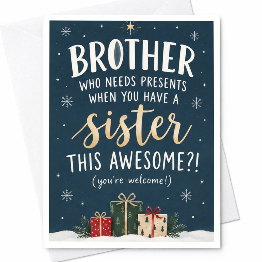 Brother Who Needs Presents When You Have A Sister This Awesome?! Christmas Card Funny Holiday Greeting For Brother From Sister C8917