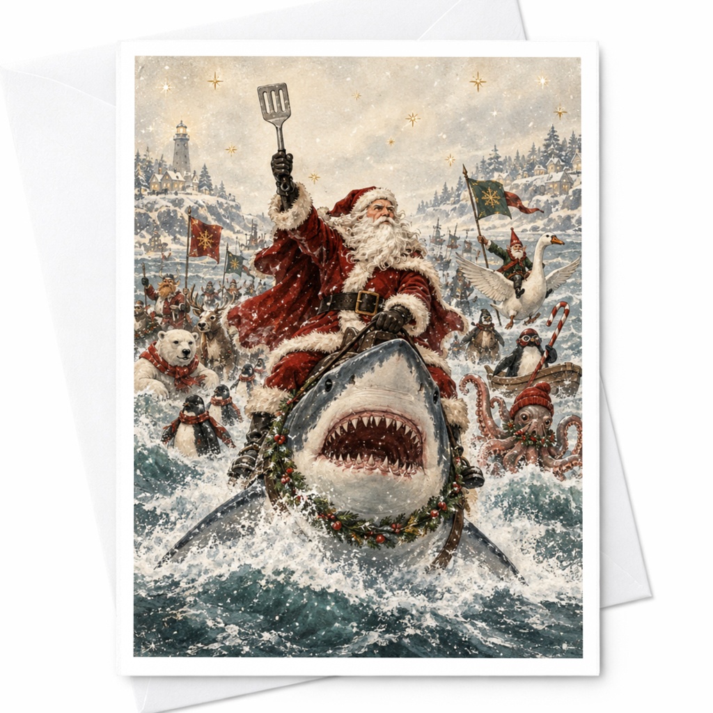 Santa Shark Ride Christmas Card Funny Holiday Greeting Card Festive Animals Unique Santa Card For Him Her Family C8857