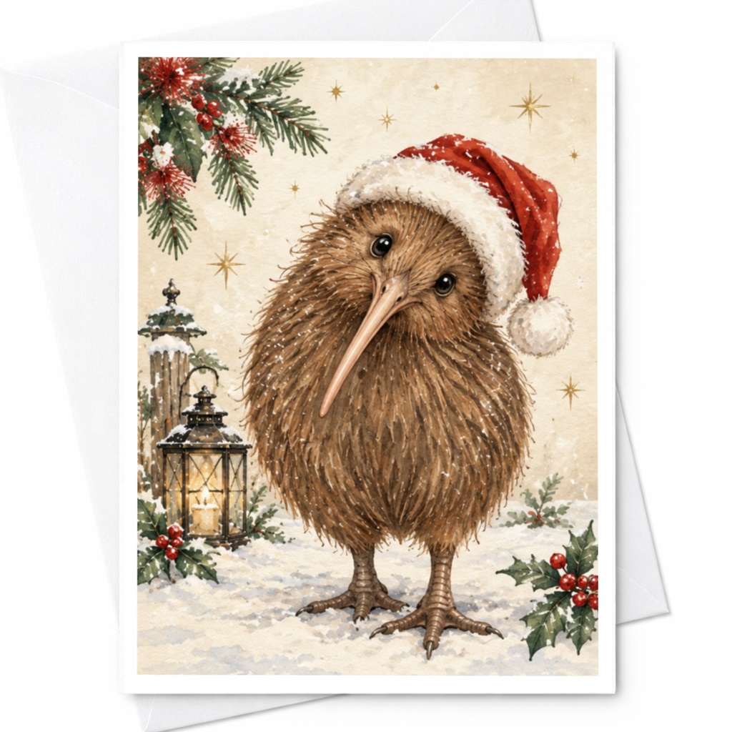 Kiwi Bird Christmas Card Cute Animal Holiday Greeting Card Festive Santa Hat Winter Scene For Nature Lover C8920