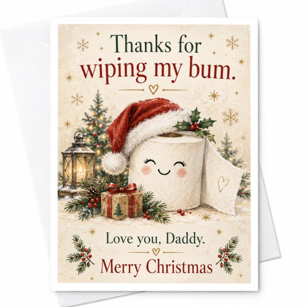 Thanks For Wiping My Bum. Love You, Daddy. Merry Christmas Funny Christmas Card For Dad From Kids Cute Holiday Greeting Card C8860