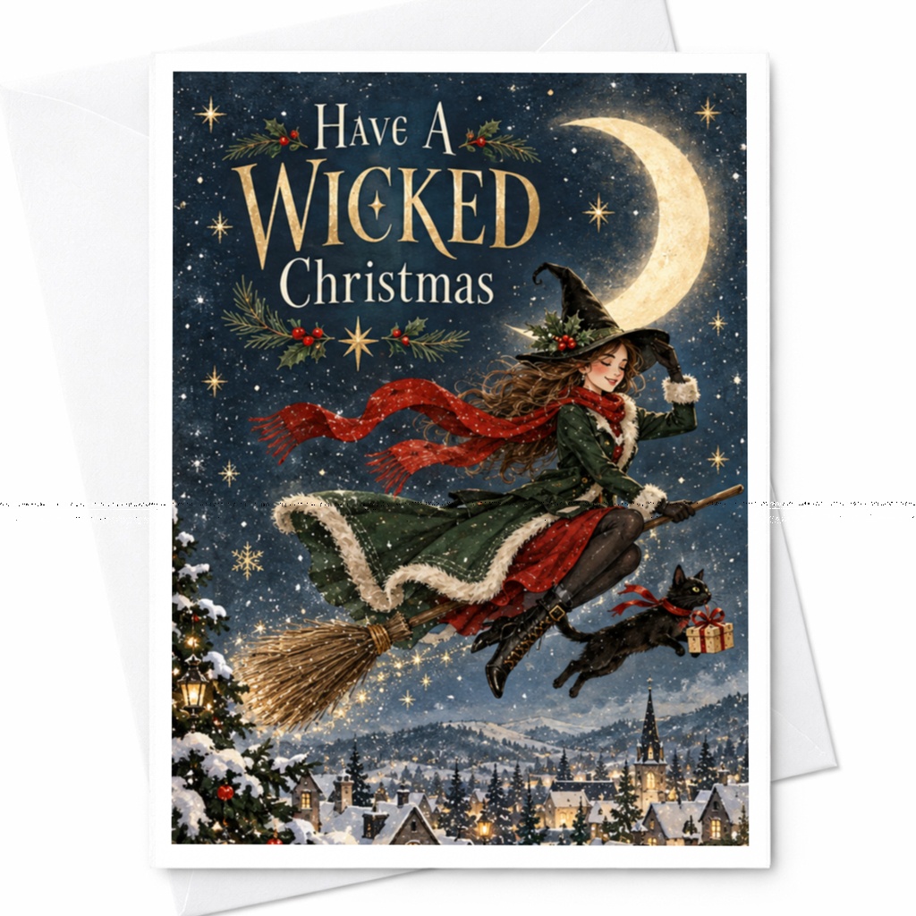 Have A Wicked Christmas Card Witch On Broom With Cat Holiday Greeting Card Festive Winter Scene For Friends Family C8862