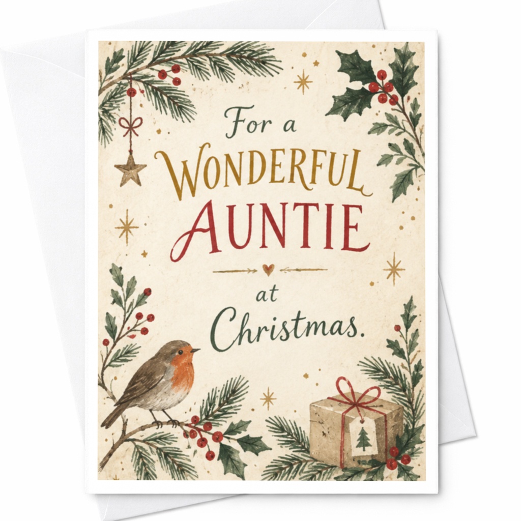 For A Wonderful Auntie At Christmas Card Holiday Greeting Card Festive Robin Xmas Card For Her Aunt C8866