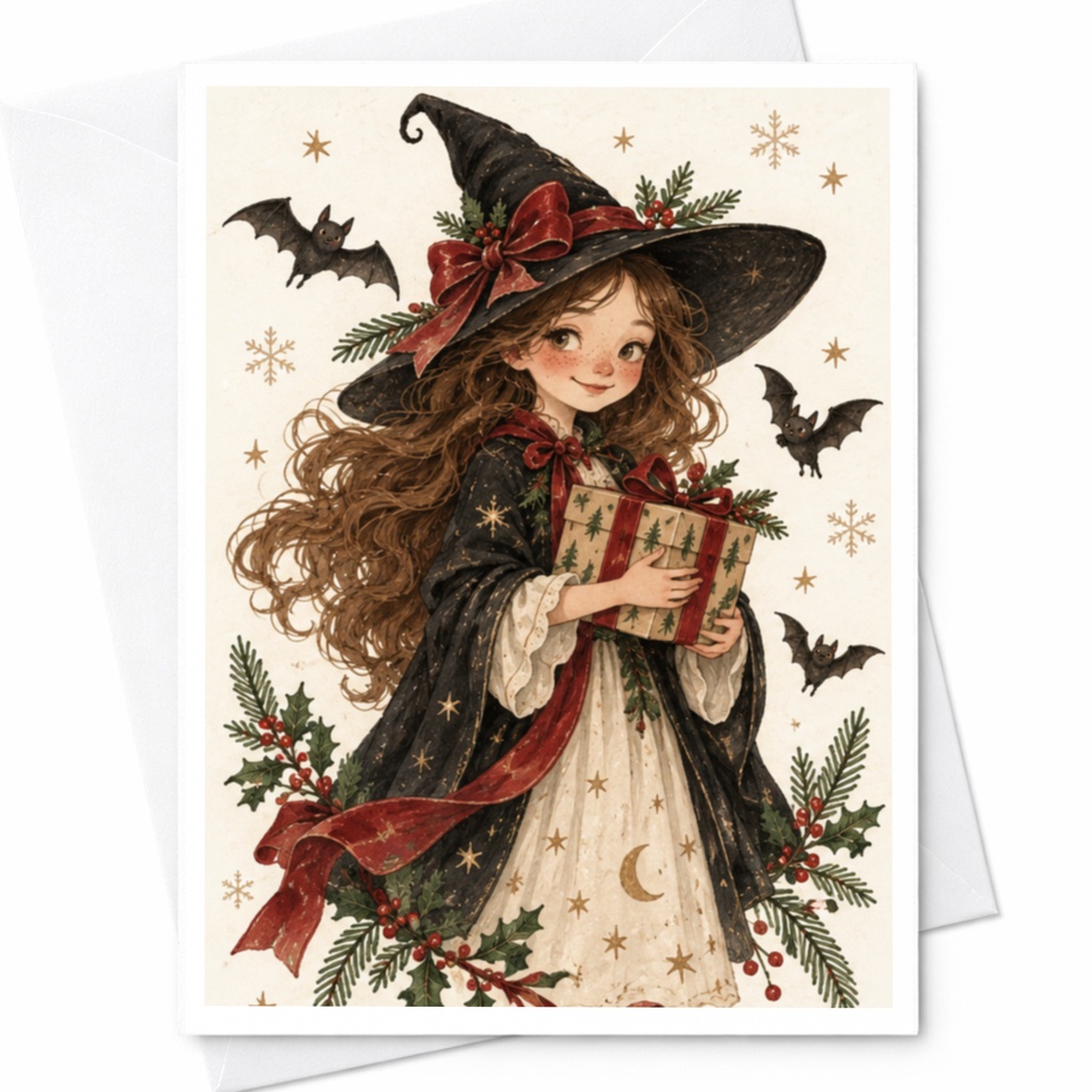 Witch With Gift Halloween Greeting Card Cute Witchy Illustration For Her Magical Holiday Card With Bats And Stars C8870