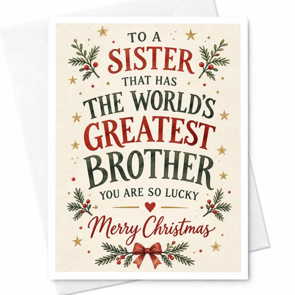 To A Sister That Has The World's Greatest Brother You Are So Lucky Merry Christmas Card Festive Holiday Greeting For Sister C8874