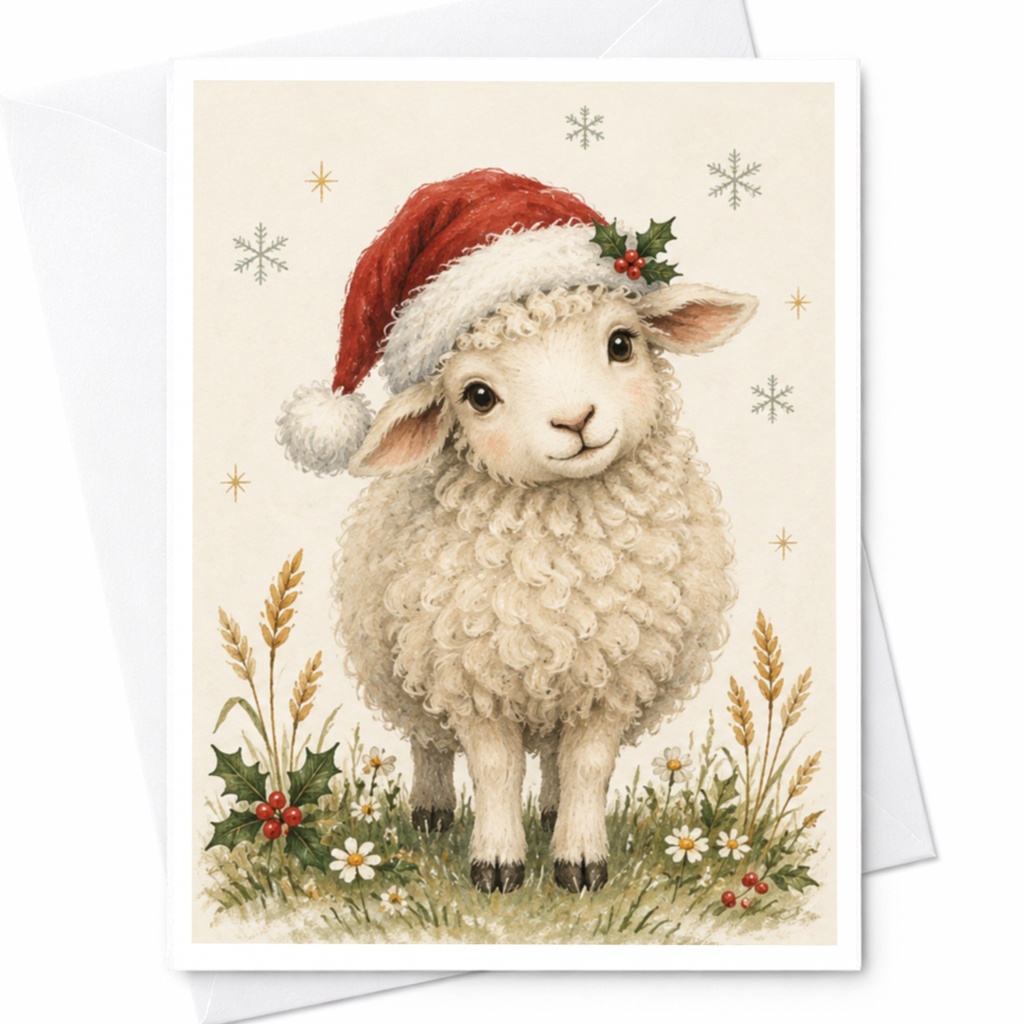 Lamb With Santa Hat Christmas Card Cute Holiday Greeting Card For Animal Lover Festive Sheep Card Winter Season C8876