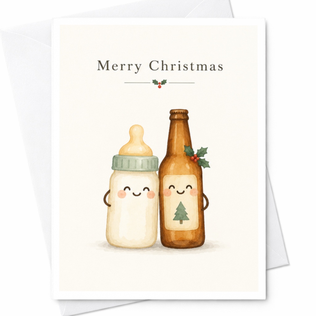 Merry Christmas Cute Holiday Card Baby Bottle Beer Bottle Funny Christmas Card For Parents New Dad New Mom Festive Greeting C8878