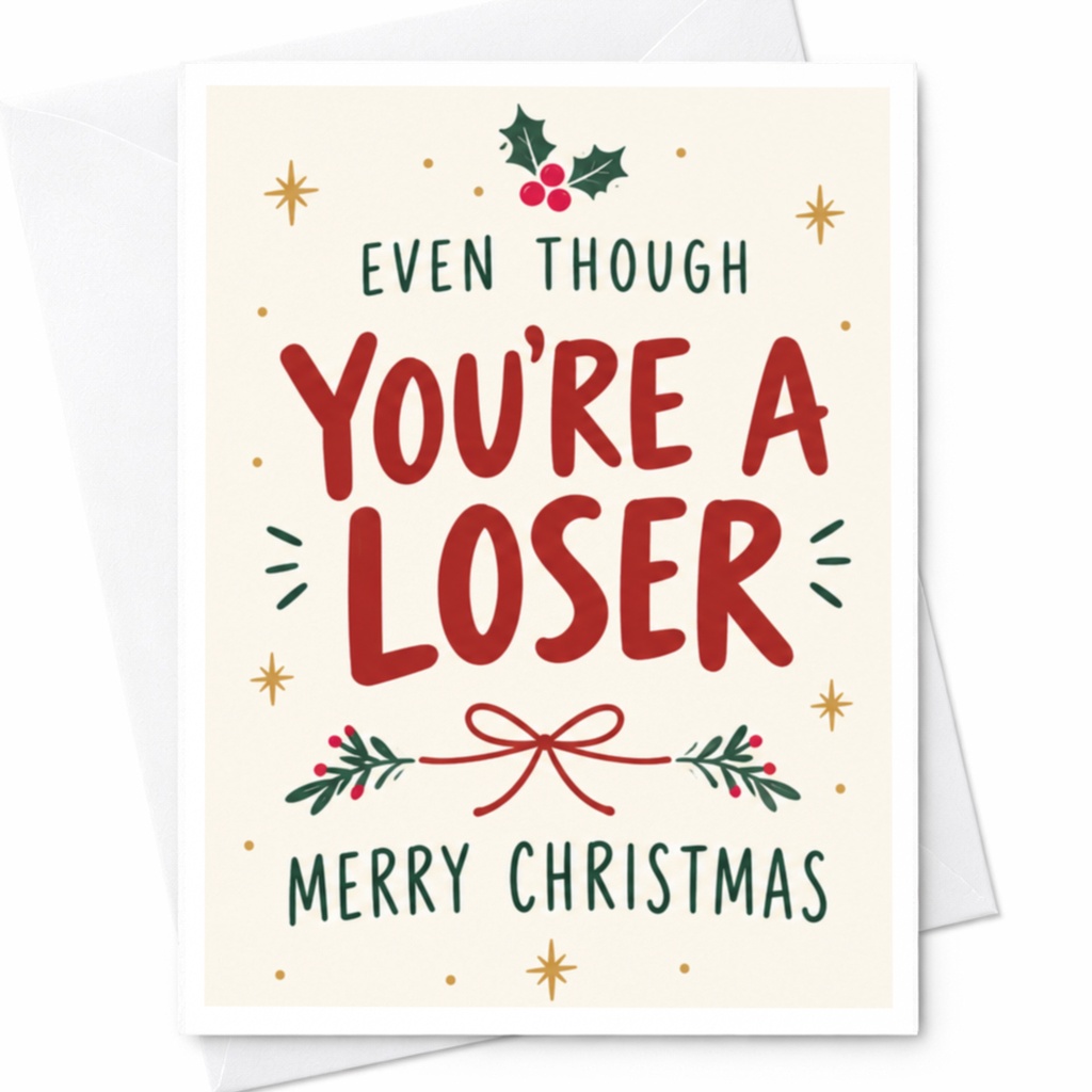 Even Though You're A Loser Merry Christmas Funny Christmas Card Holiday Greeting Card For Friend Festive Xmas Card C8882