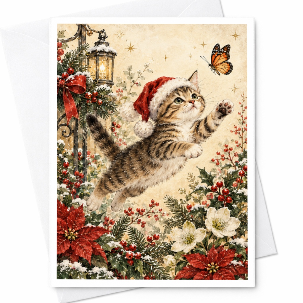 Cute Kitten Christmas Card Santa Hat Holiday Greeting Card For Cat Lover Festive Animal Card Winter Scene With Butterfly C8888