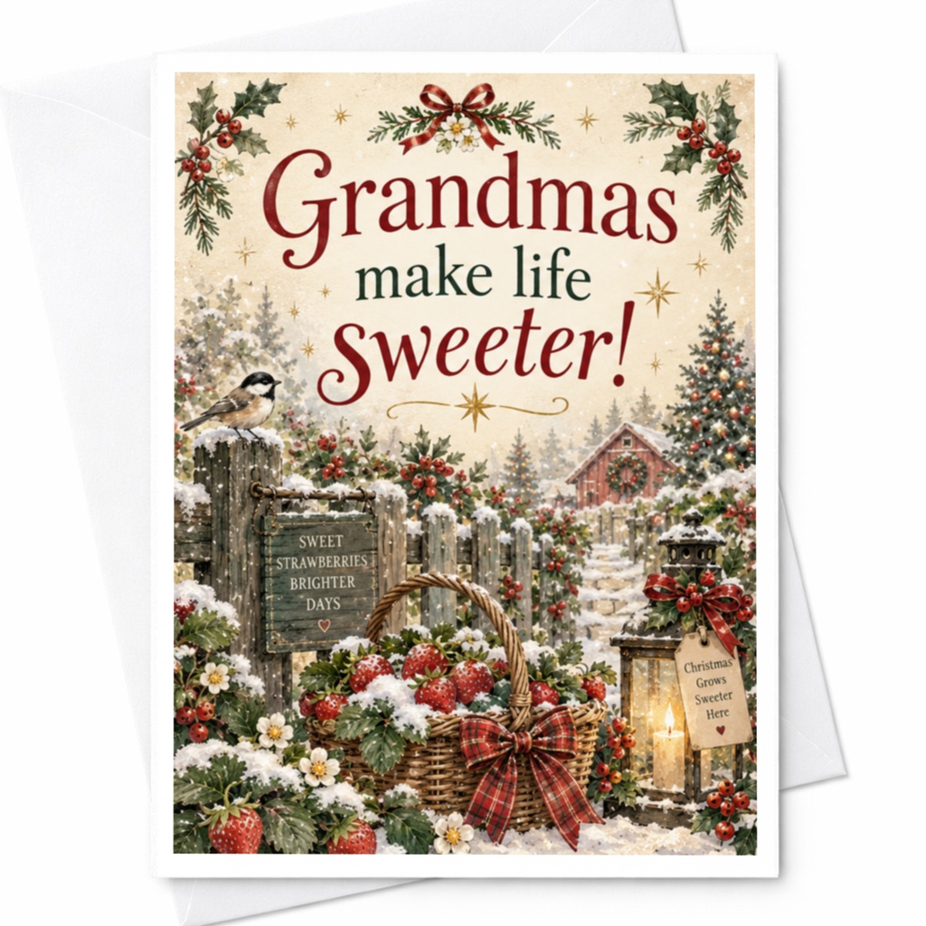 Grandmas Make Life Sweeter Christmas Card Festive Holiday Greeting For Grandma Cute Winter Scene With Strawberries C8890