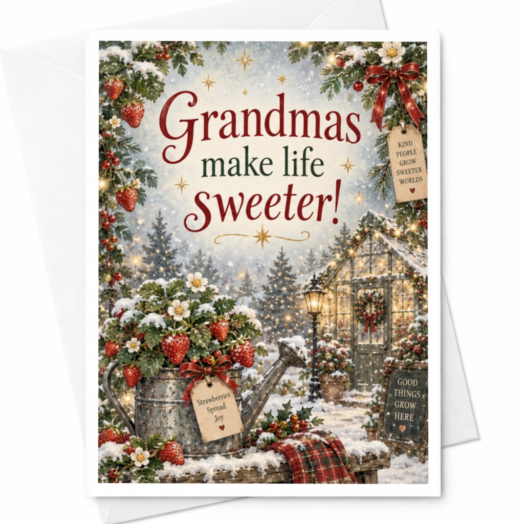 Grandmas Make Life Sweeter Christmas Card Festive Holiday Greeting For Grandma Cute Strawberry Garden Scene C8891