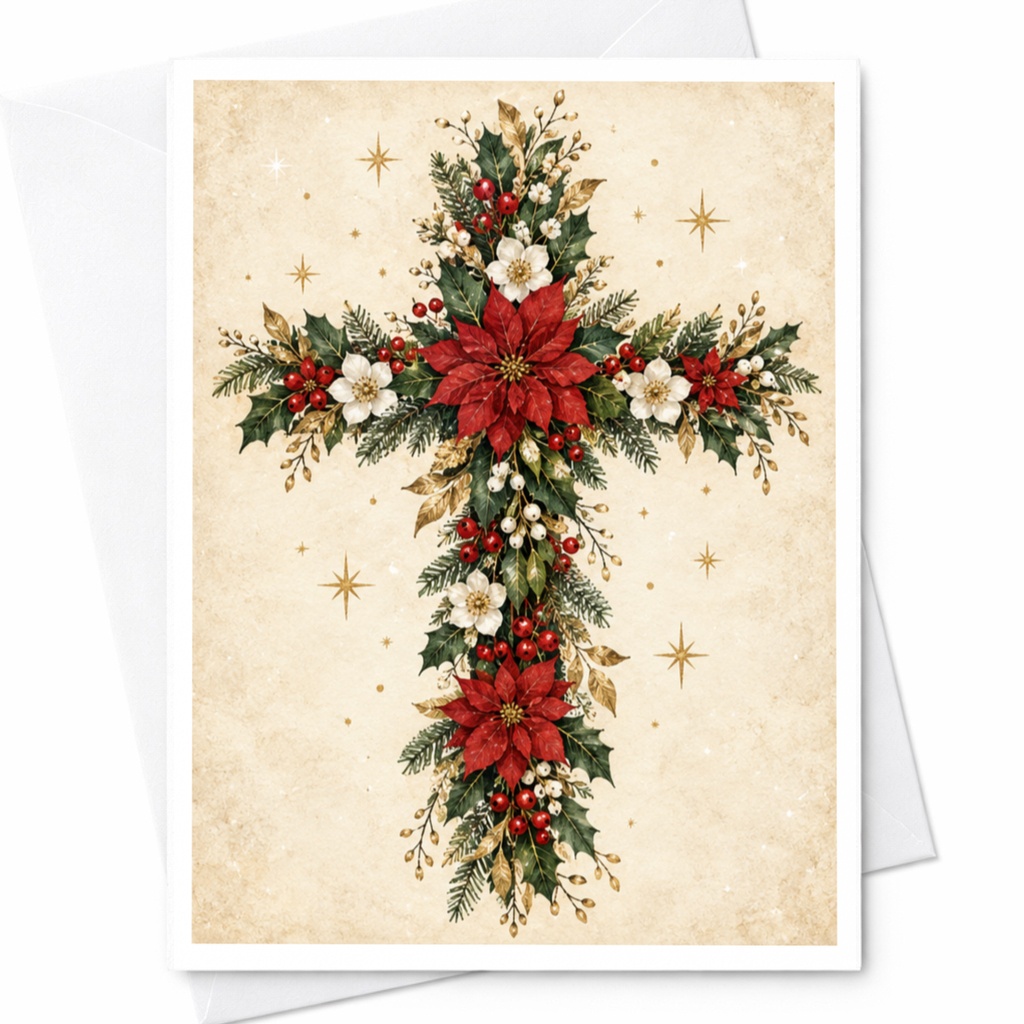 Floral Cross Christmas Card Poinsettia Religious Holiday Greeting Card For Family Elegant Festive Card C8896