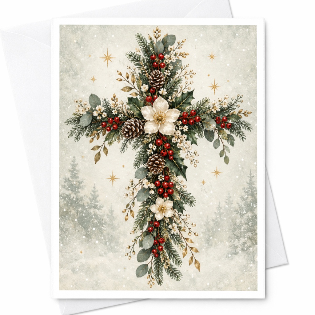 Floral Cross Christmas Card Elegant Holiday Greeting Card Winter Pinecone Berry Religious Christmas Card For Loved Ones C8897