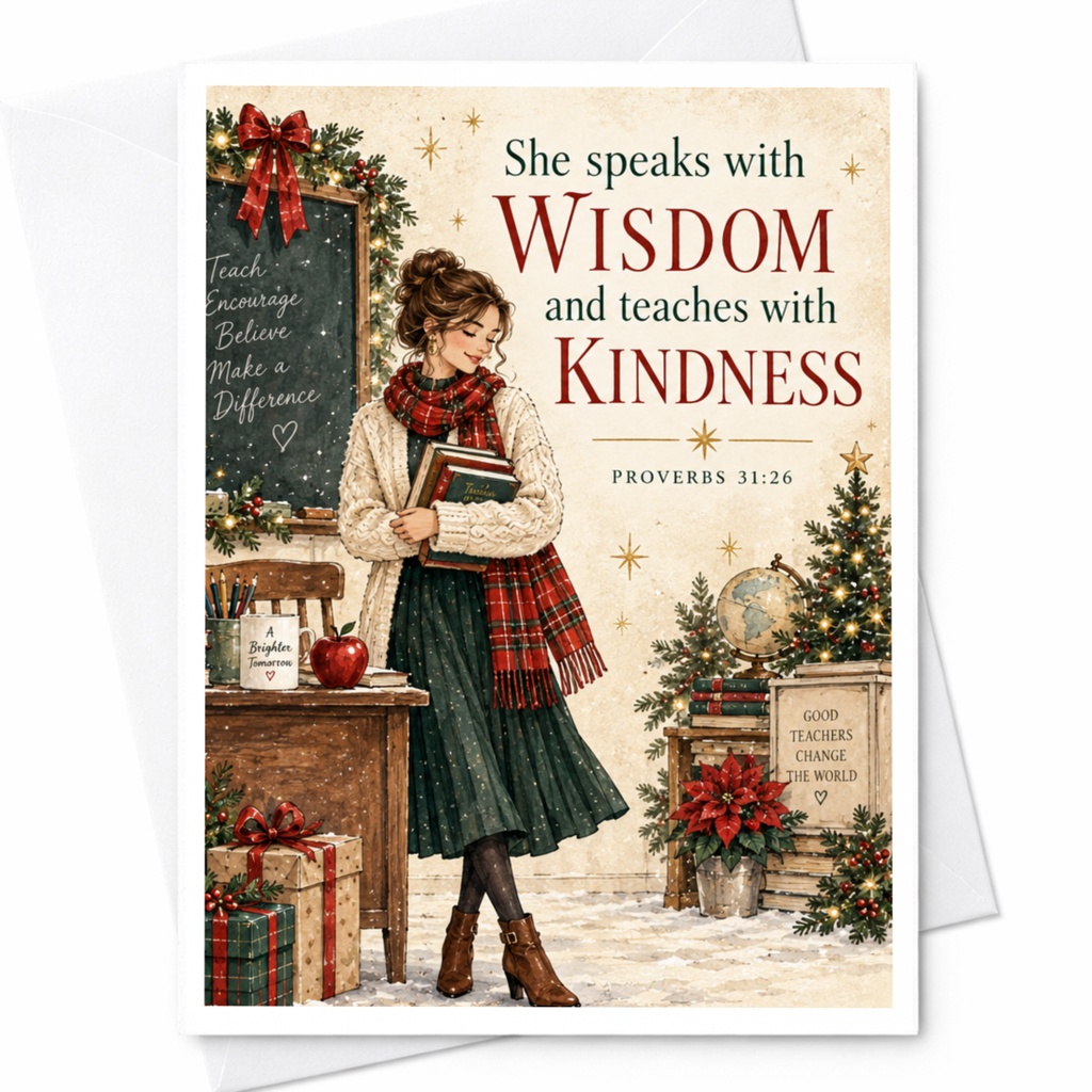 She Speaks With Wisdom And Teaches With Kindness Teacher Appreciation Card Holiday Greeting Card Proverbs 31:26 C8898