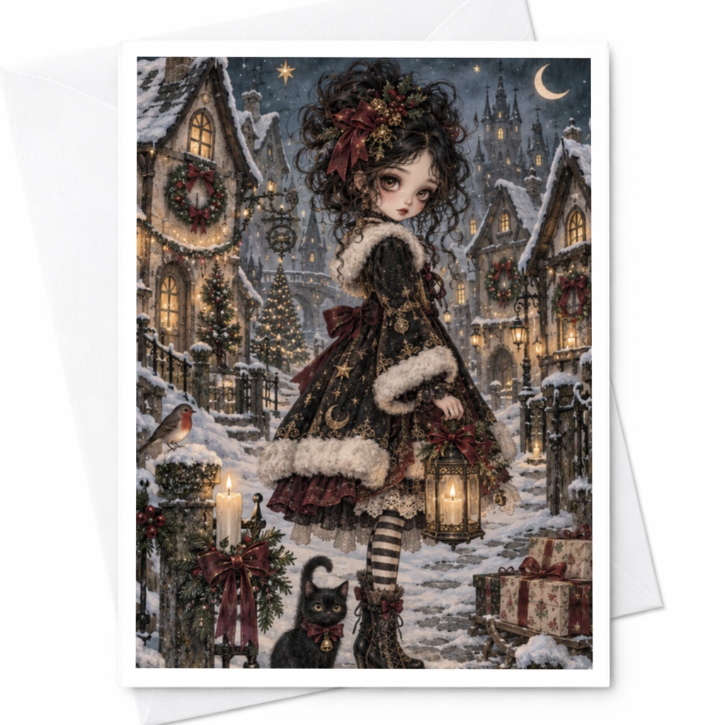 Victorian Christmas Card Gothic Winter Scene Holiday Greeting Card For Her Vintage Style Snowy Village Art C8902