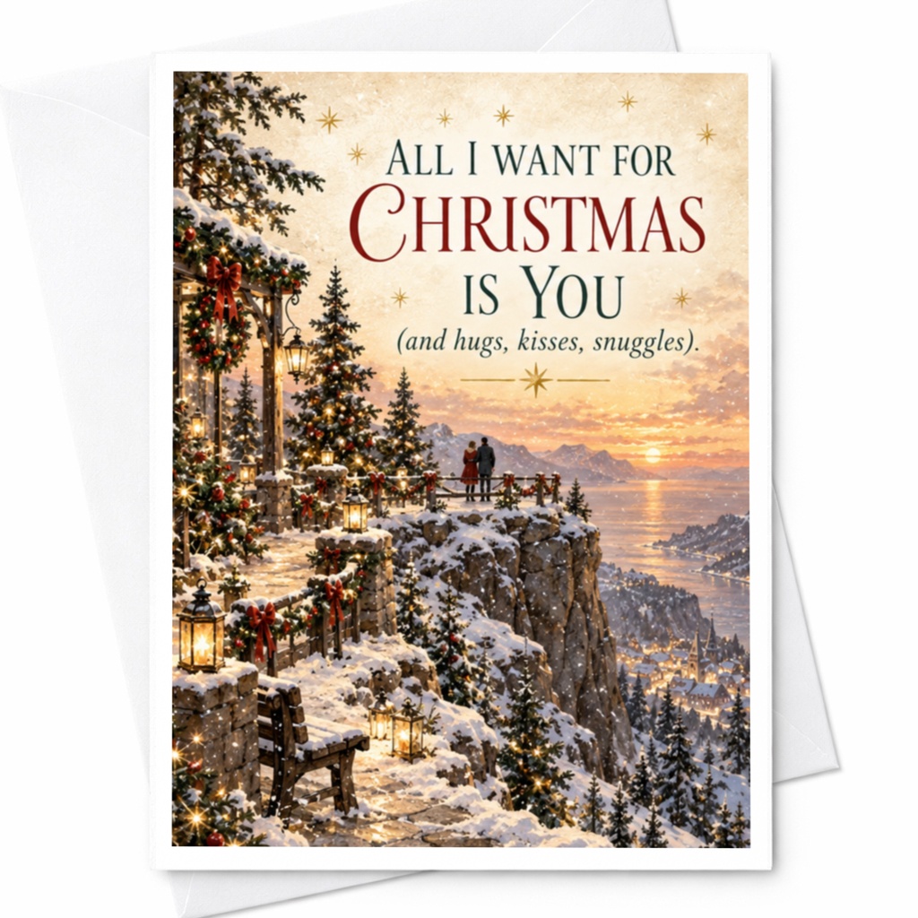 All I Want For Christmas Is You Romantic Christmas Card Couple Winter Scene Holiday Love Card Cute Snuggles C8904