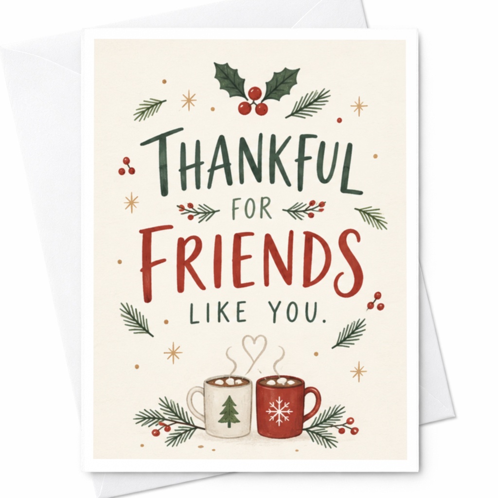 Thankful For Friends Like You Christmas Card Holiday Greeting Card For Friend Cute Festive Mug With Holly And Pine C8906