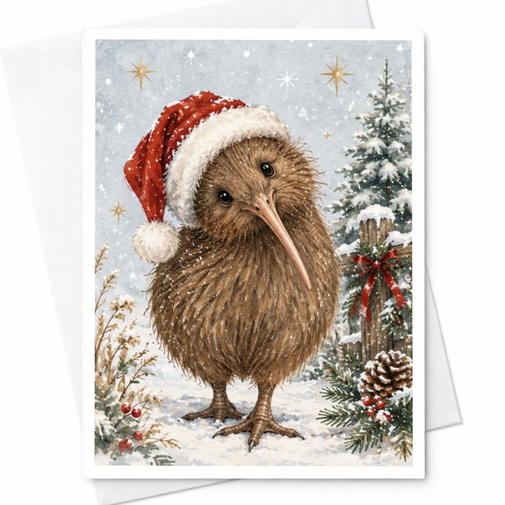 Kiwi Bird Christmas Card Cute Animal Holiday Greeting Card Winter Scene For Nature Lover Festive Santa Hat Snowy Landscape C8921