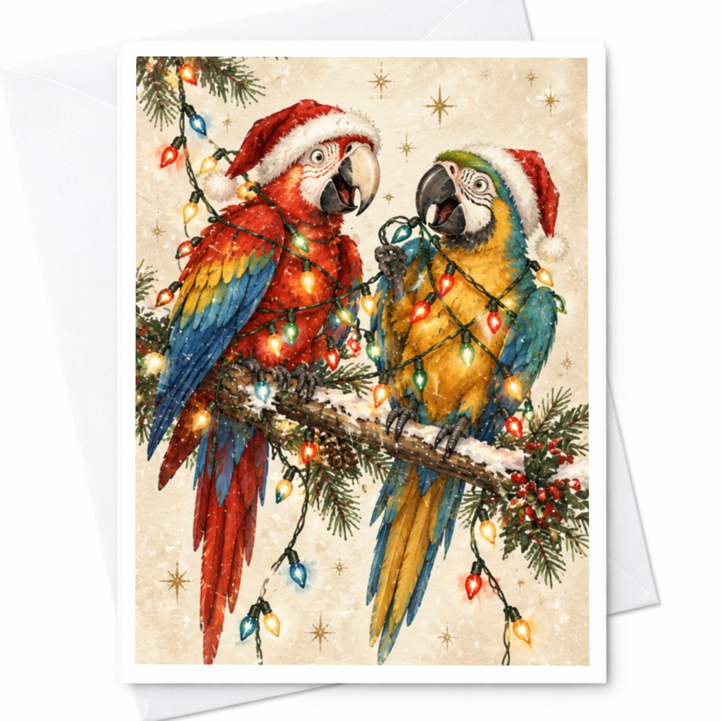 Parrot Christmas Card Festive Holiday Greeting Card Colorful Birds With Lights For Animal Lover Cute Seasonal Card C8922