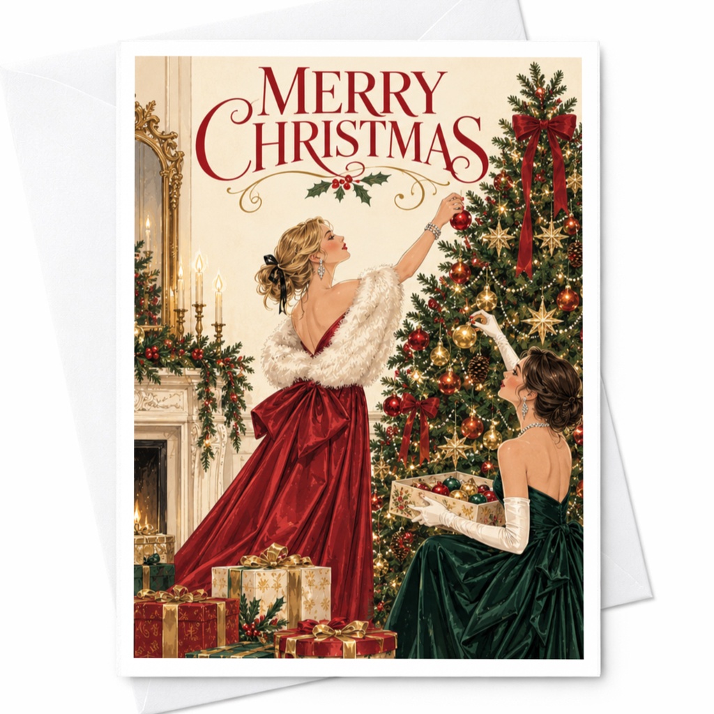 Merry Christmas Elegant Christmas Card Vintage Style Holiday Greeting Card Festive Women Decorating Tree Classic Xmas Card C8928