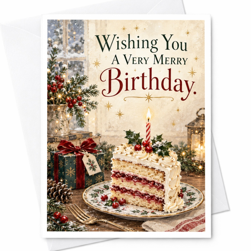 Wishing You A Very Merry Birthday Festive Birthday Card Holiday Cake For Friend Family Celebration Cheerful C8932