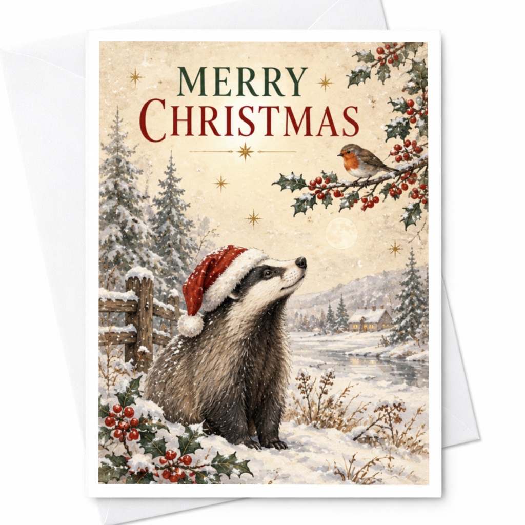 Merry Christmas Cute Badger Card Christmas Greeting Card Woodland Animal Holiday Card Winter Scene For Nature Lover C8940