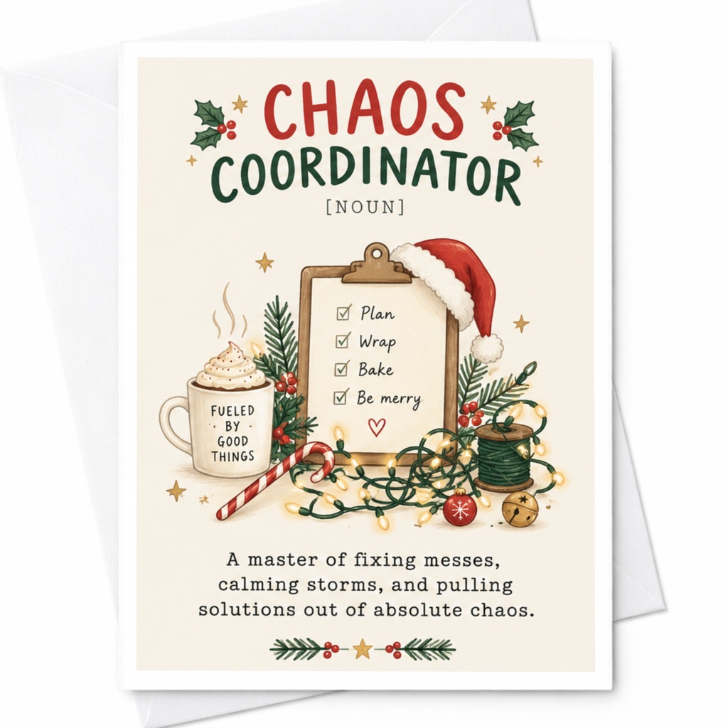 Chaos Coordinator [noun] Christmas Card Funny Holiday Greeting Card For Friend Family Festive Checklist C8946