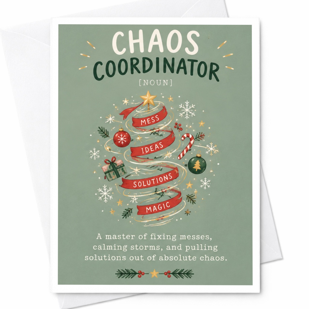 Chaos Coordinator [noun] Christmas Card Funny Holiday Greeting Card For Friend Family Xmas Card With Tree Decorations C8947