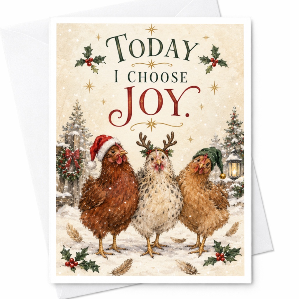 Today I Choose Joy. Christmas Card Festive Chickens Holiday Greeting Card Cute Animal For Friends Family C8948
