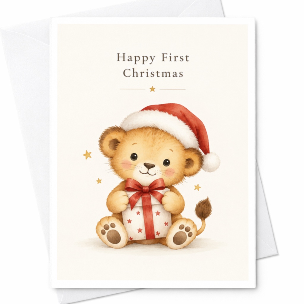 Happy First Christmas Cute Lion Card Baby's First Christmas Card Adorable Animal Holiday Card For Newborn Infant Christmas C8950