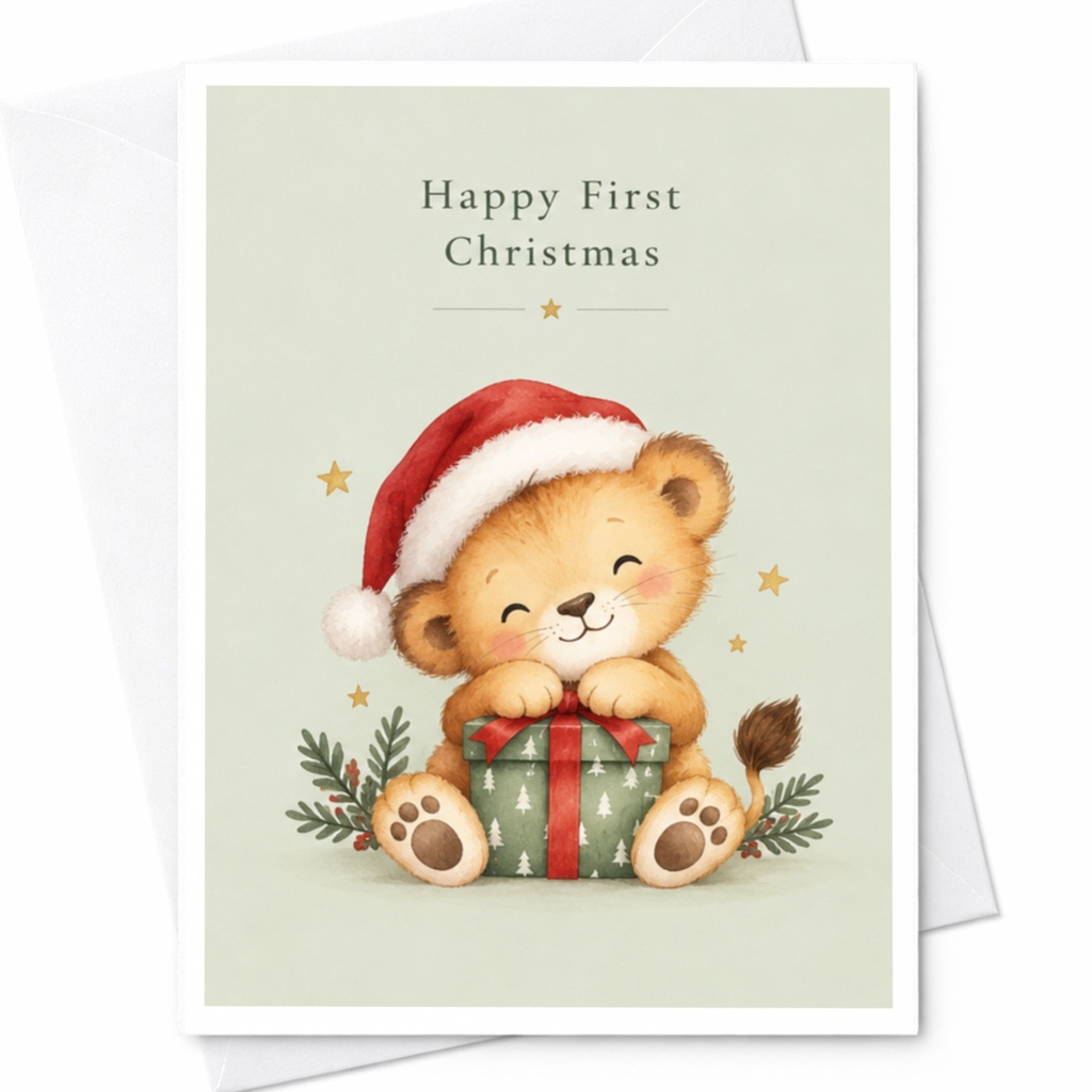 Happy First Christmas Cute Lion Card Baby's First Christmas Card Adorable Animal Holiday Card For New Parents C8951
