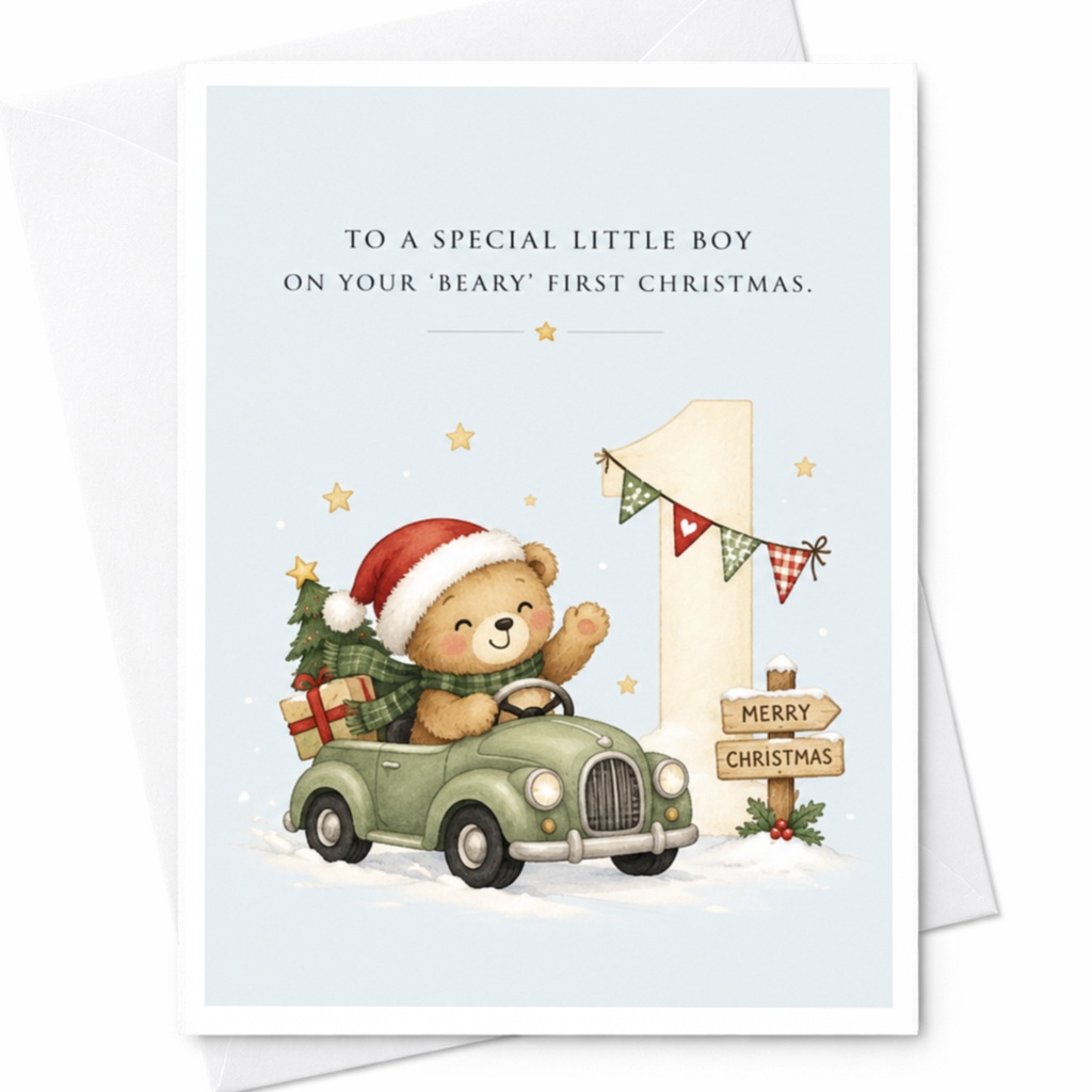 To A Special Little Boy On Your 'beary' First Christmas Cute First Christmas Card Baby Boy Holiday Greeting Card Bear Car C8959