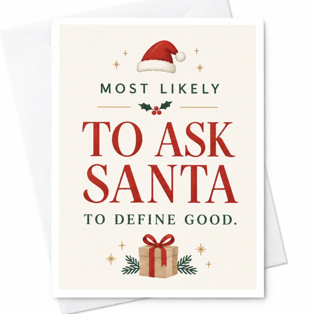 Most Likely To Ask Santa To Define Good Christmas Card Funny Holiday Greeting Card Santa Hat Gift Illustration For Friends C8968