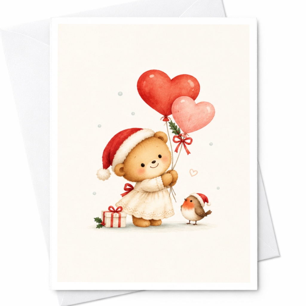 Cute Bear With Heart Balloons Christmas Greeting Card Adorable Holiday Card For Kids Animal Lover Festive Card With Robin C8970