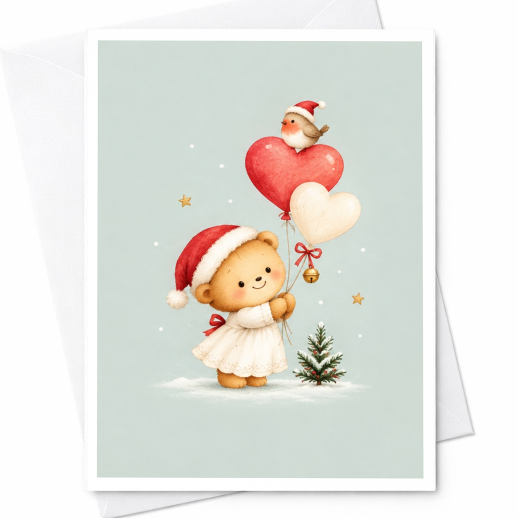 Cute Bear Christmas Card With Heart Balloons And Bird Holiday Greeting Card For Kids Adorable Animal Winter Scene C8971