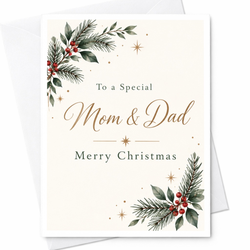 To A Special Mom & Dad Merry Christmas Card Holiday Greeting Card For Parents Festive Pine Xmas Card C8974