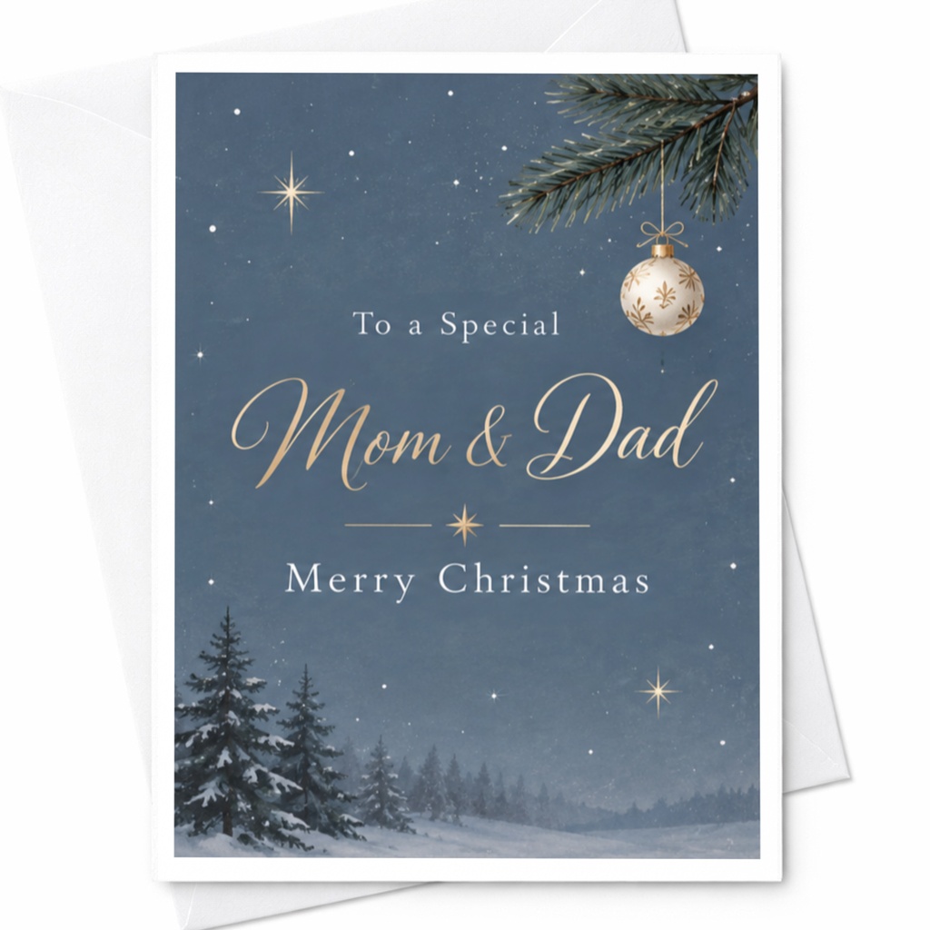 To A Special Mom & Dad Merry Christmas Card Holiday Greeting Card For Parents Festive Winter Scene With Ornament C8975