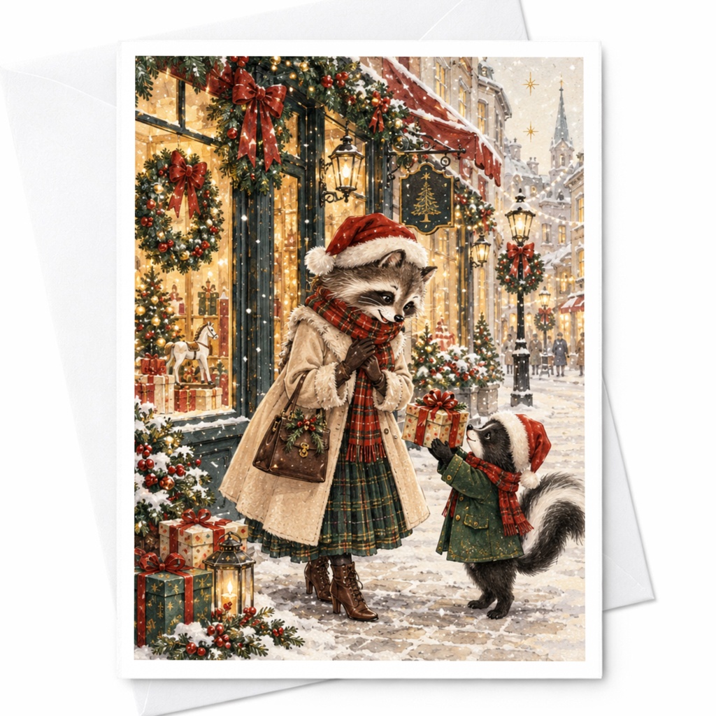 Raccoon Christmas Card Cute Animal Holiday Greeting Card Festive Winter Scene For Animal Lover Adorable Christmas Card C8978