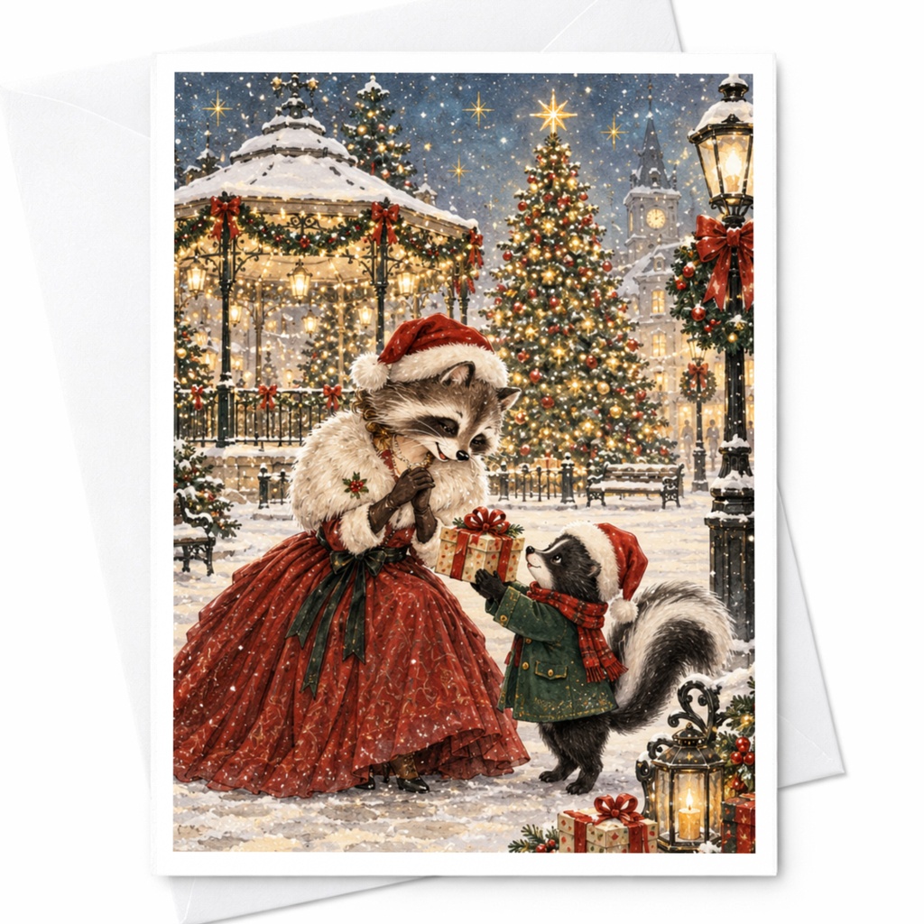 Festive Raccoons Christmas Card Cute Animal Holiday Greeting Card Winter Wonderland Scene For Animal Lover C8979