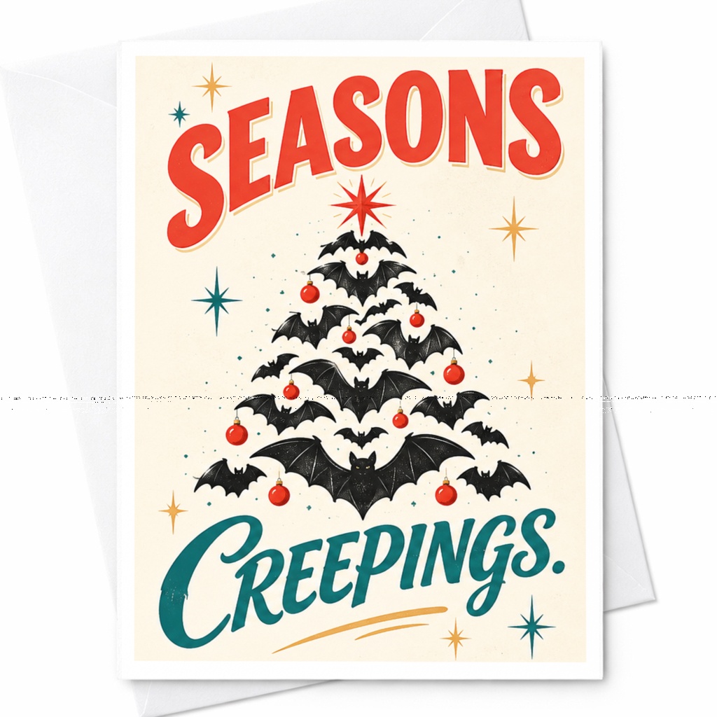Seasons Creepings. Funny Christmas Card Bats Forming Tree Holiday Greeting Card For Friends Spooky Festive C8980