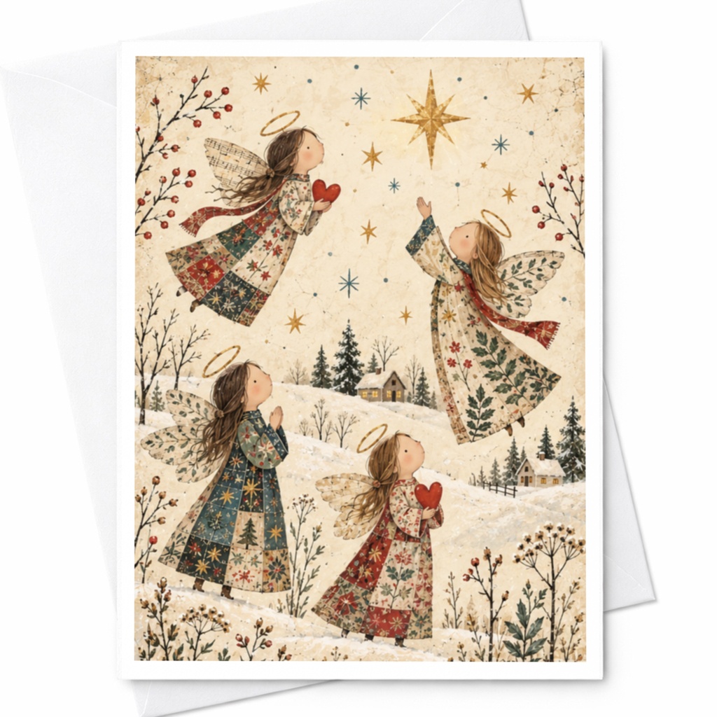 Angelic Christmas Card Whimsical Angels With Hearts Holiday Greeting Card For Her Cute Winter Scene Festive Card C8982