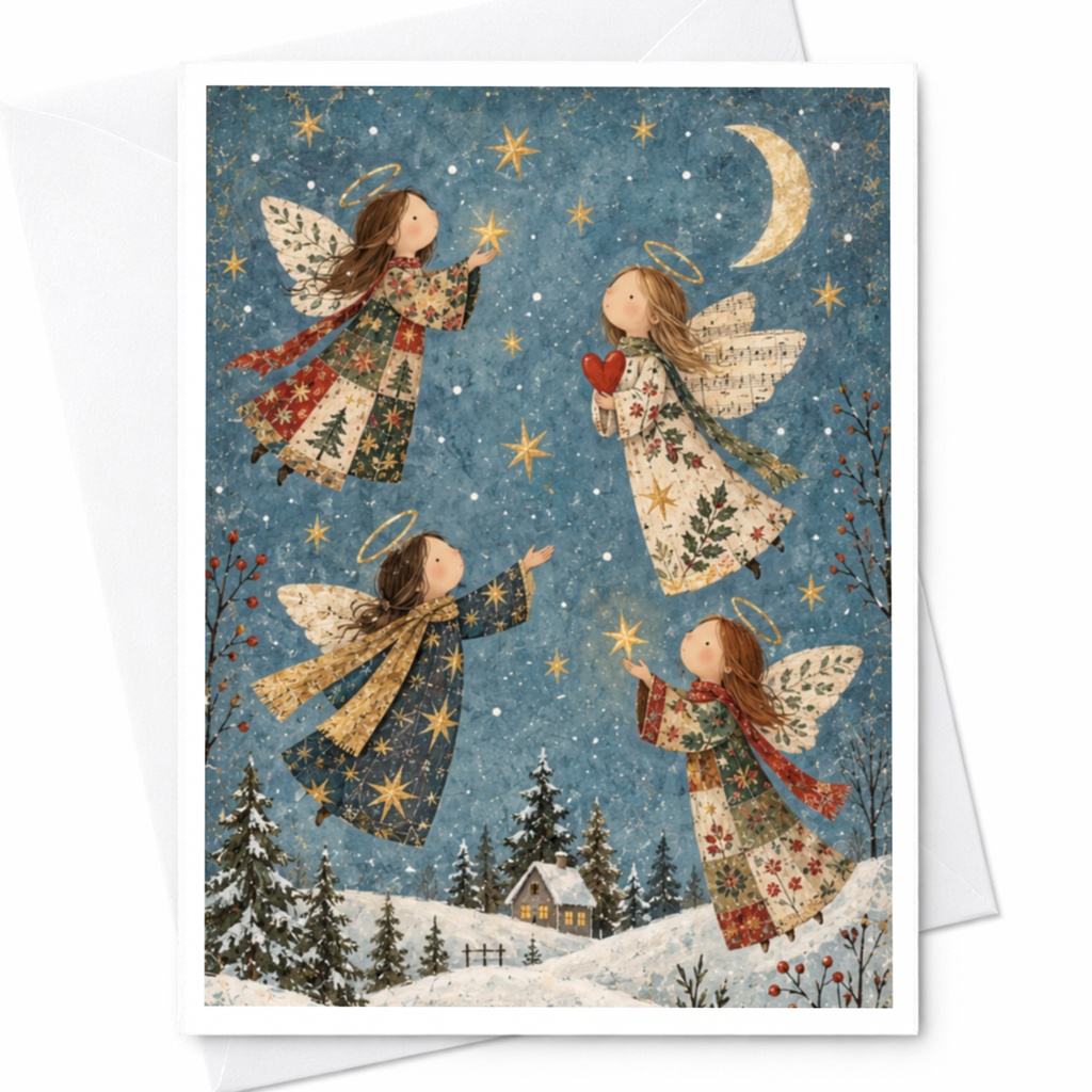 Angels In Winter Scene Christmas Card Holiday Greeting Card For Her Cute Angelic Snowy Night Sky Festive Card C8983