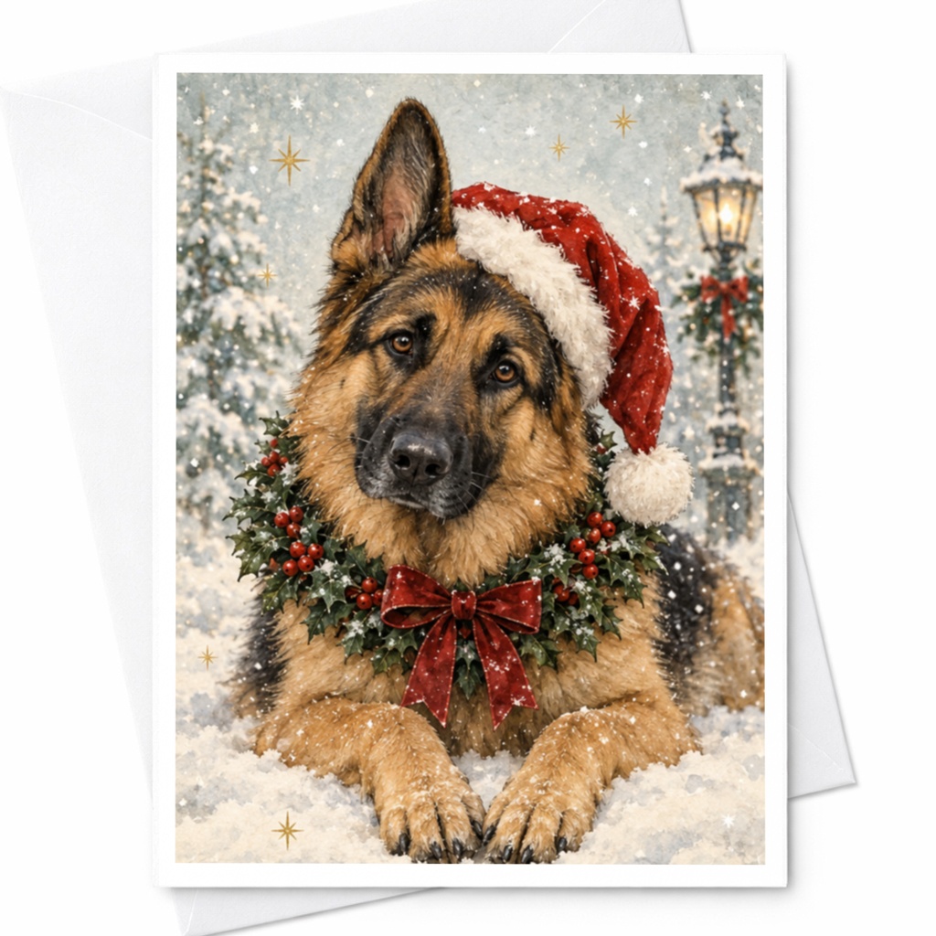 German Shepherd Christmas Card Cute Dog Holiday Greeting Card Santa Hat Festive Winter Scene For Dog Lover C8987