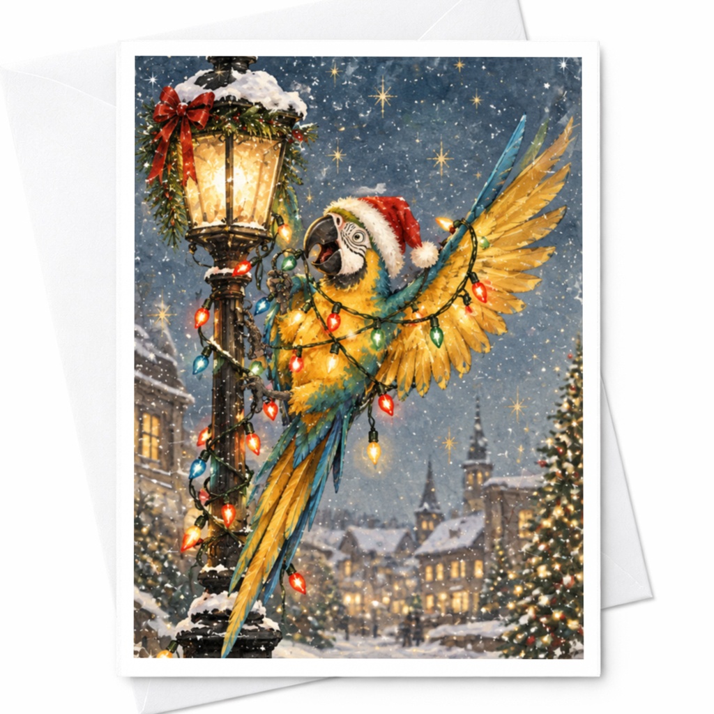 Parrot Christmas Card Festive Holiday Greeting Card Colorful Bird With Lights Winter Scene For Animal Lover Cute Xmas Card C8923