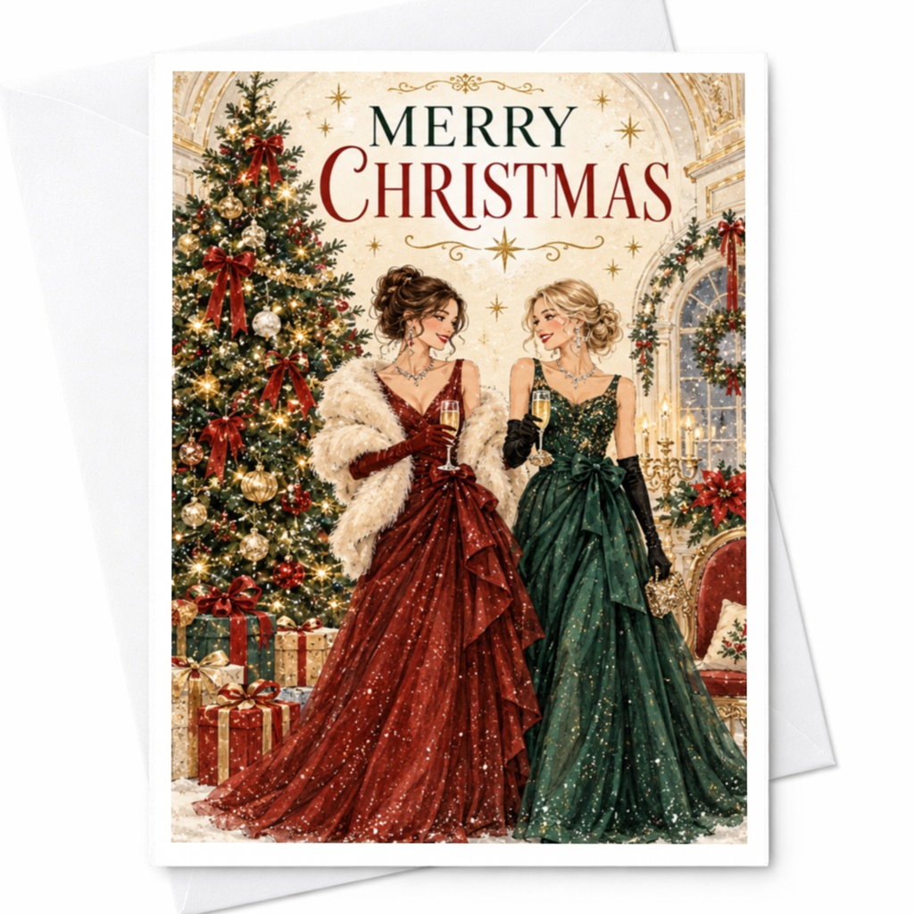 Merry Christmas Elegant Christmas Card Festive Holiday Greeting Card With Women And Tree For Her Seasonal Celebration C8924